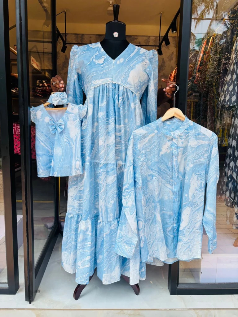 combo family dress a 3 layer gown and a baby gown and a men shirt in sky blue color and the gown is feeding wear -online maternity wear in kerala
