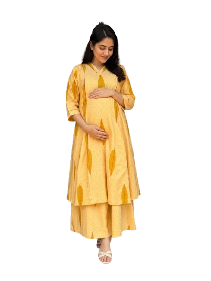 a pregnant women year a sandil color printed a-line kurthi and palazo set from hiza maternity store online maternity wear in kerala