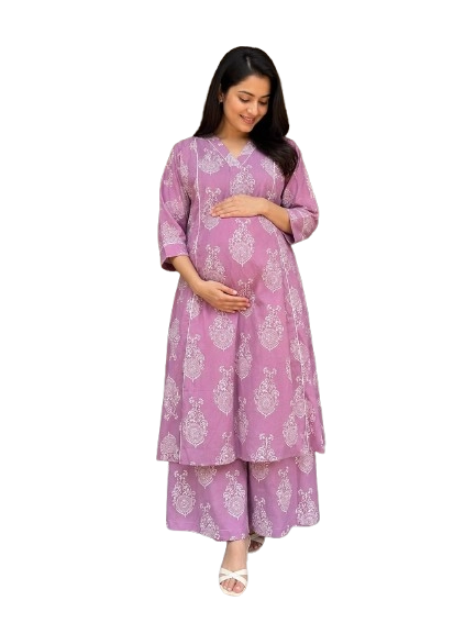 a pregnant women wearing a purple and white printed A-line kurthi and palazzo set from hiza maternity store online maternity wear in kerala