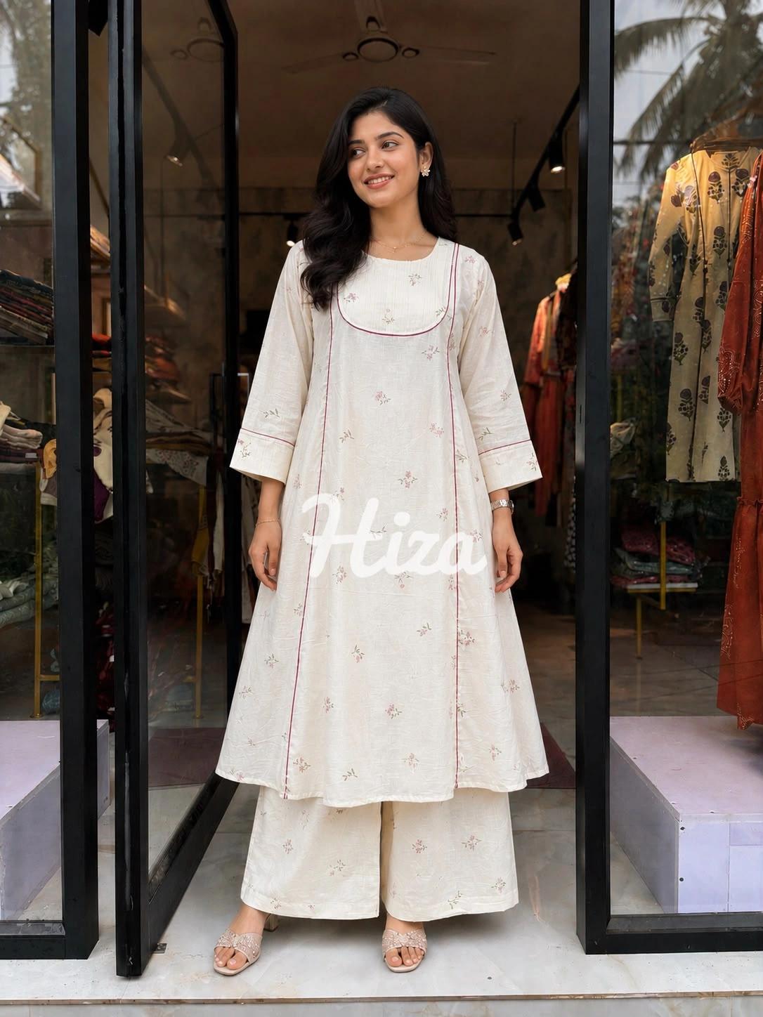 a women wearing a off white co-ord set with feeding option-online maternity wear in kerala